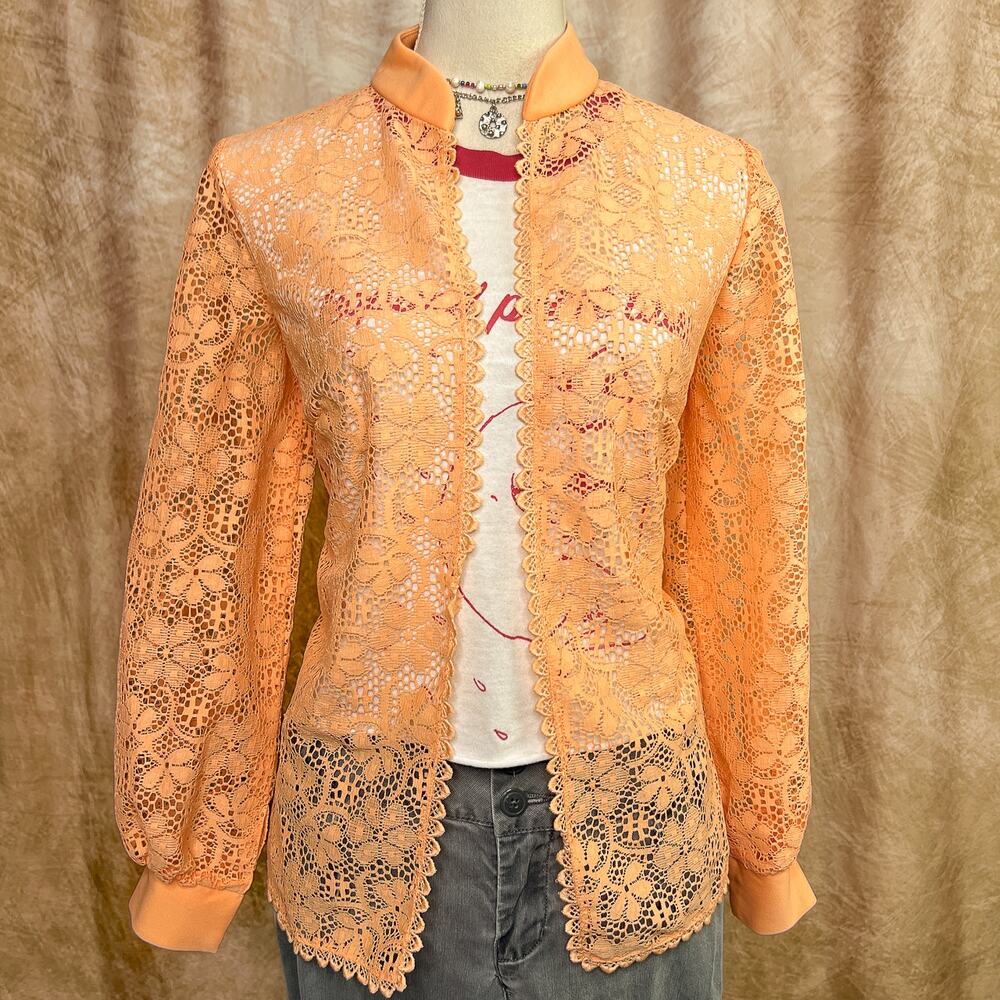 Vintage 70s Lace Top Open Front Crochet Floral Pastel Orange Long Sleeve Retro - Picture 2 of 8